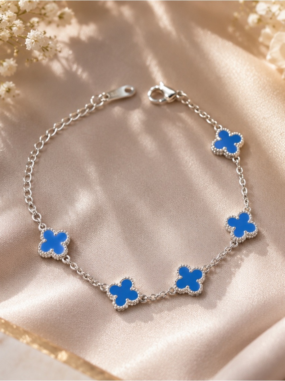 Sterling Silver  Bracelet with Blue Clover Charms - Women Jewelry